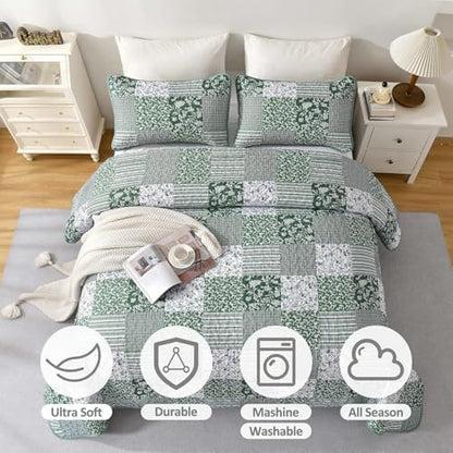 Mybedsoul Green Quilt Set Full Size, Patchwork Floral Bedding Set