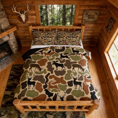 Homewish Deer Camo Comforter Sets Full Size,Army Green Camouflage Bedding Set 3Pcs for Kids Women Room Decor,Hunting Deer Quilted Duvet Hunt Wild Animals Down Comforter,2 Pillowcases