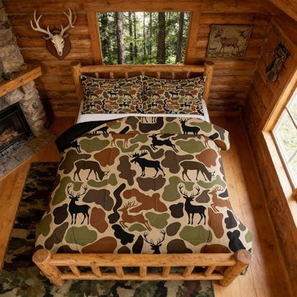 Homewish Deer Camo Comforter Sets Full Size,Army Green Camouflage Bedding Set 3Pcs for Kids Women Room Decor,Hunting Deer Quilted Duvet Hunt Wild Animals Down Comforter,2 Pillowcases
