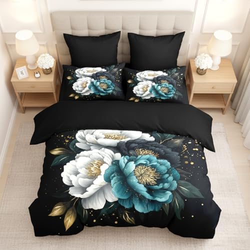 CCoutueChen Kids Twin Size Vintage Floral Comforter Set, 2 Pcs Teal and White Botanical Flowers Soft Bedding, Warm Microfiber Luxury Gold Accent Bed Set with 1 Pillowcase, 68"x86"