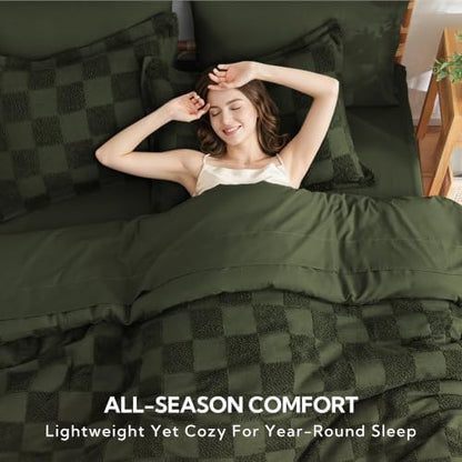 MR&HM 7 Pieces Comforter Set Full, Checkered Boho Bed Set Dark Olive Green
