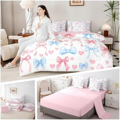 Erosebridal Princess Bow Queen Comforter Set with Sheets | Pink Bow Tie 7-Piece Bedding Set Blue Ribbon Bowknot Bed in a Bag, Girly Kawaii Love Hearts Bed Sets