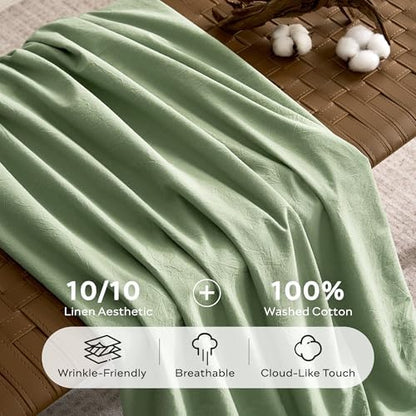 JELLYMONI 100% Washed Cotton Mint Green Duvet Cover Full, Linen-Like
