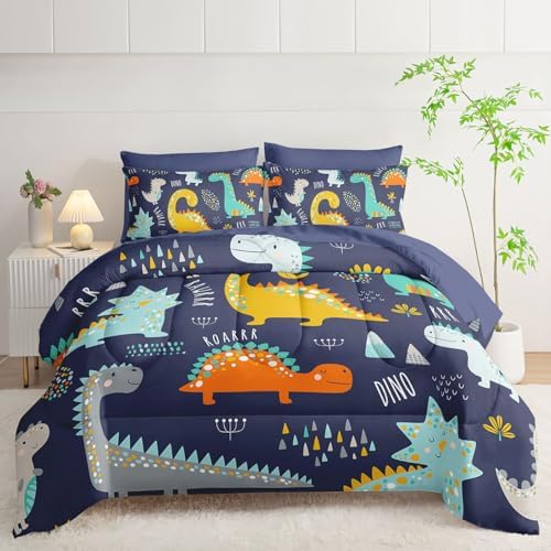 7Pcs Comforter Set Cartoon Dinosaur Printed Bedding Set with 1 Comforter, 1 Flat Sheet, 1 Fitted Sheet and 4 Pillowcases for Boys and Girls Bedroom All Season(Twin)