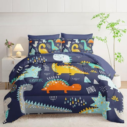 7Pcs Comforter Set Cartoon Dinosaur Printed Bedding Set with 1 Comforter, 1 Flat Sheet, 1 Fitted Sheet and 4 Pillowcases for Boys and Girls Bedroom All Season(Twin)