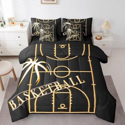 Sport King Comforter Set 7 Pieces for Boys Basketball Toddler Bedding Comforter Sets, Sports Theme Bed in a Bag Orange Black Bedding Set, Glowing Gradient Bed Sheets Set Soft (Black Reversible)