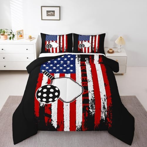 Feelyou Pickleball Bedding Set Boys Girls Toddler Size American Flag Comforter Set for Kids Women Men Pick Racket Pattern Comforter Sports Game Duvet Set Pickleball Themed Gifts Quilt Set