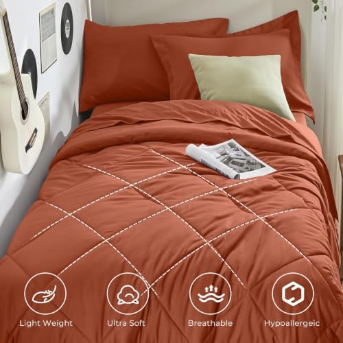 HEVUMYI 5-Piece Twin XL Comforter Set, Burnt Orange Bed in a Bag