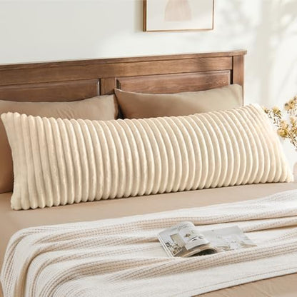 BEDELITE Fluffy Striped Body Pillow Cover with Zipper, Beige, 20x54