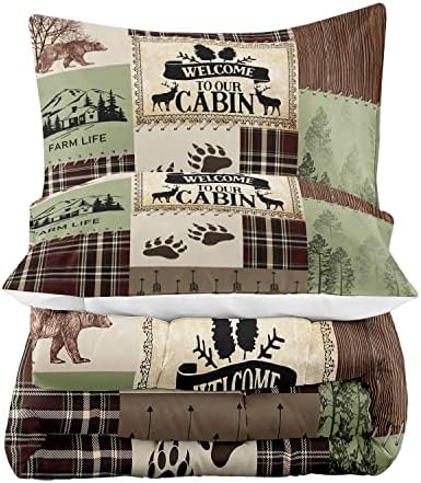 LUVIVIHOME 3PCS Rustic Cabin Comforter Set Queen Size, Brown Plaid Patchwork Sage Green Quilt, Bear Deer Moose Woodland Forest Animal Hunting Wildlife Lodge Country Farmhouse Bedding, 2 Pillow Shams