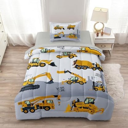 4-Pcs Engineering Vehicle Twin Size Bedding Set for Kids Boys, Grey