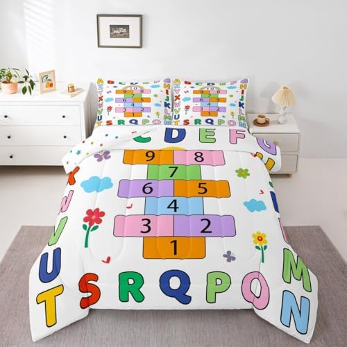 jejeloiu Alphabet ABC Comforter Set All Season Number Learning Bedding Set with 2 Pillow Cases Colorful Educational Microfiber Kids Full Bedclothes Bedroom Decor Duvet Quilt