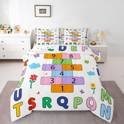 jejeloiu Alphabet ABC Comforter Set All Season Number Learning Bedding Set with 2 Pillow Cases Colorful Educational Microfiber Kids Full Bedclothes Bedroom Decor Duvet Quilt