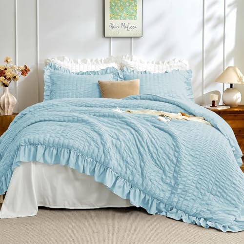 JOLLYVOGUE Blue Comforter Full Size, 3 Pieces Seersucker Lightweight Full Size Bedding, All Season Fluffy Microfiber Bedding Comforter Set with 1 Ruffle Comforter and 2 Ruffle Pillowshams