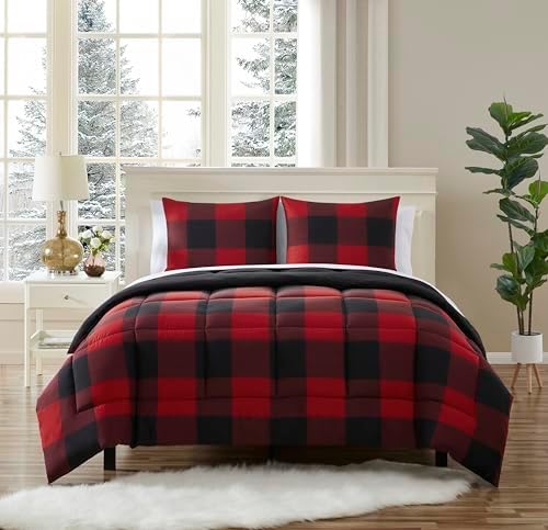 7 Piece Comforter Set Bag Solid Color All Season Soft Down Alternative Blanket & Luxurious Microfiber Bed Sheets, King, Buffalo Plaid Burgundy/Black