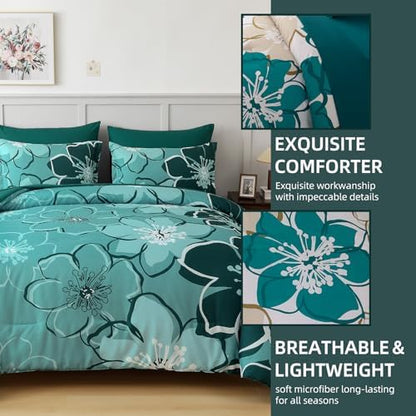 Anibedding 7Pieces Dark Green Floral Comforter Set Queen Size, Soft Microfiber Green Bed in a Bag Comforter Set with Sheets for All Season