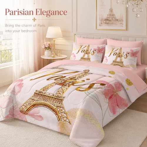 AILONEN Paris Eiffel Tower Comforter Set Full 7-Piece Tie Dye Flower Pink Bed in a Bag for Girls Women,Soft Comforter & Fitted Sheet with Flat Sheet,2 Pillowcases,2 Pillow Shams