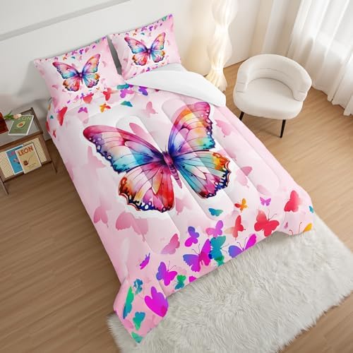 HOSIMA Colorful Butterfly Rainbow Comforter King Size,Tie Dye Beauty Butterfly Bedding Sets for Kids Girls Teens Bedroom Decor,Aesthetics Butterflies Teenage Girl Comforter Sets with 2 Pillowcases.