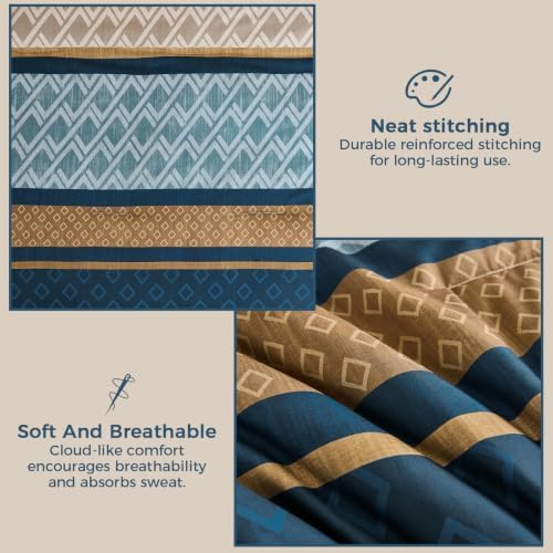 King Comforter Set 7 Pieces,Blue and Brown Boho Striped Bed in a Bag