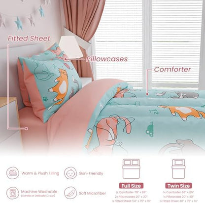 SANDJEST Cat Comforter Set Full for Girls, Ultra Soft Microfiber Bedding Sets with 4-Pieces, Cats Comforters Bed Sets for Kids Children Girl Bedroom Decor