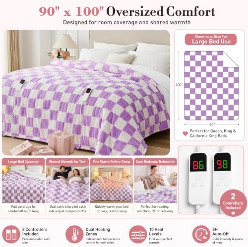 Light Purple Electric Blanket Heated King Size, 90"X100" Dual Control