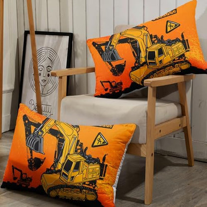 AILONEN Excavator Fitted Sheet Set, Queen Bed Sheet Set for Boys,Digger Construction Heavy Machinery Bed Sheet Set,Abstract Sign Yellow Excavator Sheet Set 3 Pieces, 1 Fitted Sheet and 2 Pillowcases