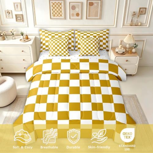 Feelyou Checkered 7 Piece Bedding Set Teen Yellow White Plaid Decoration Comforter Set with Sheets Twin Size Kids Boys Cute Retro Neutral Grid Geometric Bed in a Bag Vintage Aesthetic Room Decor