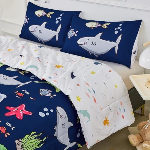 RYNGHIPY 3 Pcs Ocean Animals Full Comforter Set for Boys Navy