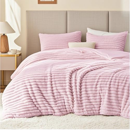 EXQ Home Fluffy Comforter Set King Size,3 Pieces Bed Set,Purplish Pink