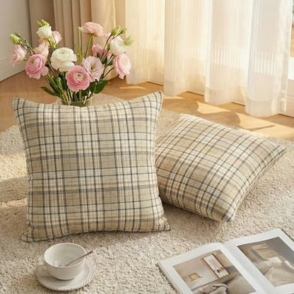 AVOIN colorlife Spring Summer Khaki White Plaid Decorative Throw Pillow Covers, 18 x 18 Inch Holiday Scottish Tartan Cushion Case Farmhouse Decoration for Sofa Couch Set of 2