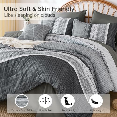 Dintszyayue Grey King Comforter Size Set, 8 Pieces Striped Texture Bed in a Bag Bedding Sets, Lightweight Soft Comforter and Sheet Set, All Season Microfiber Teen Boys Bedding Sets for Men Women