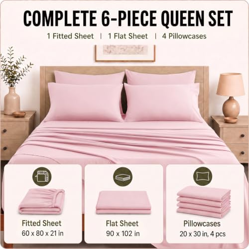 CozyLux Queen Sheet Set 6-Piece, 21-Inch Deep Pocket, Soft Brushed Feel