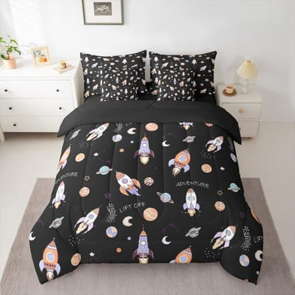 Kids Cartoon Rocket 7 Pieces Bedding Set Queen Size,Planets Galaxy Bed in a Bag,Hand-Drawn Spaceship Bed Set Includes Comforter,Sheet Set,Pillowcases & Pillow Covers,Starry Outer Space Bedroom Decor