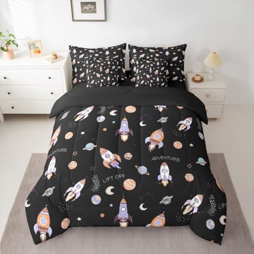 Kids Cartoon Rocket 7 Pieces Bedding Set King Size,Planets Galaxy Bed in a Bag,Hand-Drawn Spaceship Bed Set Includes Comforter,Sheet Set,Pillowcases & Pillow Covers,Starry Outer Space Bedroom Decor