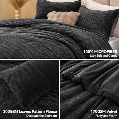ChiXpace Fleece King Size Comforter Set Black, Fluffy Bed Set 3 Pieces
