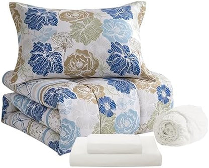 Floral Comforter Set Twin Size with Sheets Bed in a Bag – Deep Pocket Fitted Sheet with Elastic Corners, Cozy Comforter, Pillowcases & Shams – Soft Microfiber All Season Bedding – Machine Washable