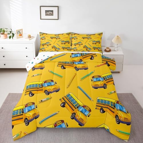 Erosebridal School Bus Bedding Set for Home, School Truck King Comforter Set for Kids Boys Girls Teens Bedroom Decor, Cartoon Car Theme Comforter, Yellow Quilt with 2 Pillowcases, 3 Pcs