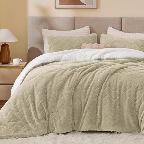 BEDELITE Fluffy Sherpa Queen Comforter Set,Linen