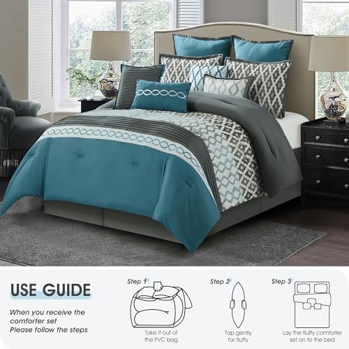 LANCO MODERN LIFESTYLE King Size Comforter Set, Blue, 10 Piece Bed in a Bag for All Seasons, Luxury Extreme Comfort Bedding Sets with Bedskirt, Pillow Shams, Euro Shams and Decor Pillows