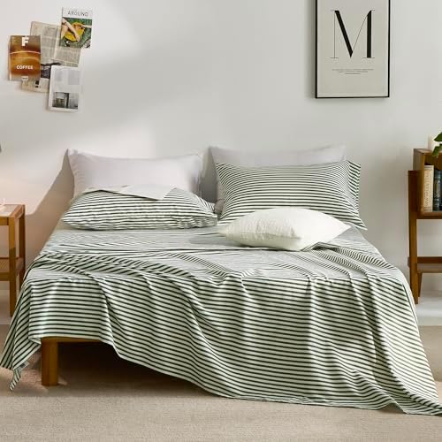 JELLYMONI 100% Cotton Queen Sheet Set, Green Striped