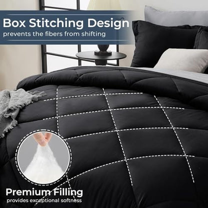 HEVUMYI 7-Piece Oversized Queen Comforter Set, Black & Light Grey Bed in a Bag