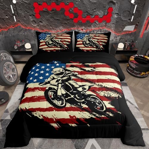 Feelyou Motocross Comforter Set Queen American Flag Pattern Bedding Set
