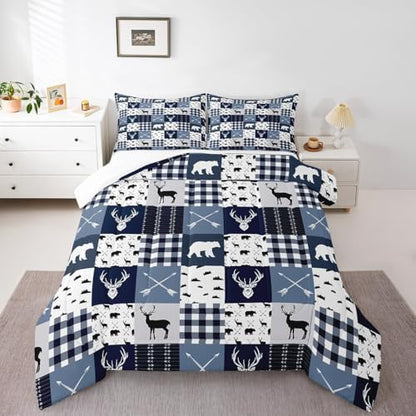 Homewish Bear Deer Silhouette Comforter Set,Gray Blue Grid Bedding Set for Kids Girls Boys,Teens Adults Hunting Comforter,Rustic Farmhouse Quilted Duvet Set Bedroom Collection Twin Size 2Pcs
