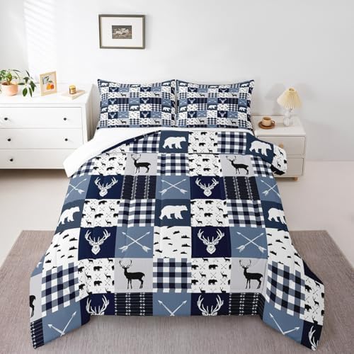 Homewish Bear Deer Silhouette King Size Comforter Set,Kids Gray Blue Grid Decor All Season Bedding Set,Teens Hunting Comforter,Rustic Farmhouse Decor Quilt Set Bedroom Collection 3Pcs