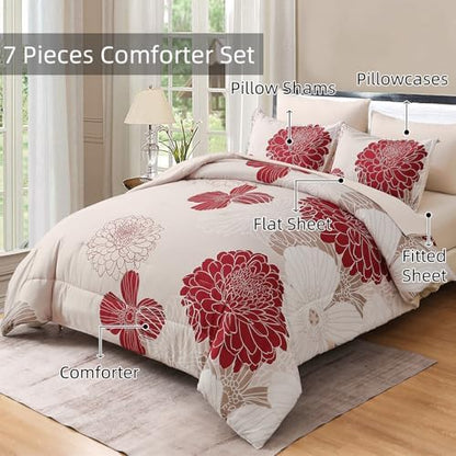Yiran 7 Pieces Queen Comforter Set Red Floral Bed in a Bag Soft Microfiber Bedding Set 90"×90"(1 Comforter 1 Flat Sheet 1 Fitted Sheet 2 Pillowshams 2 Pillowcases)