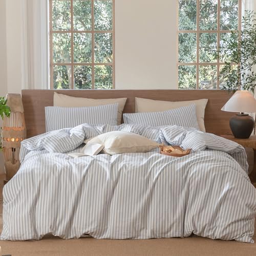 MooMee Striped Duvet Cover Set 100% Washed Cotton Linen Like Super King