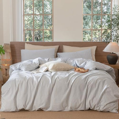 MooMee Striped Duvet Cover Set 100% Washed Cotton Linen Like Super King