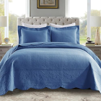 MarCielo 3-Piece 100% Cotton Oversized Bedspread Lightweight Quilt Coverlet Embroidery Farmhouse Bedding Set (TG Midtone Blue, Oversized King (118"x106"))