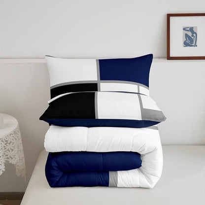 Erosebridal Geometric Comforter Set Queen Size for Adults Teens,Black and White Abstract Bedding,Navy Blue Striped Grid Quilt for Minimalist,Modern Art Patchwork Bedding Comforter Sets