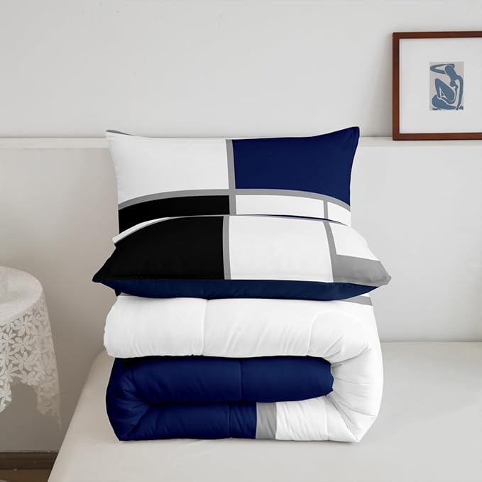 Erosebridal Geometric Comforter Set Full Size for Adults Teens,Black and White Abstract Bedding,Navy Blue Striped Grid Quilt for Minimalist,Modern Art Patchwork Bedding Comforter Sets